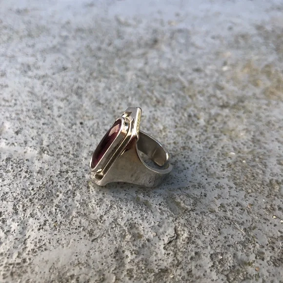 Silver Elongated Hexagon Ring with Peach Stone - Picture 9 of 15